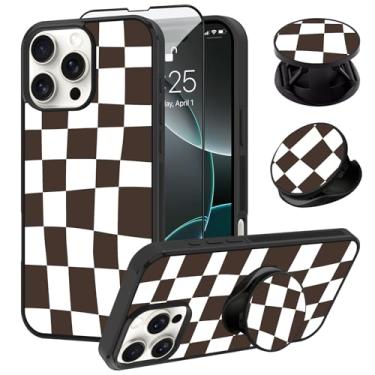 Imagem de SAKUULO Capa compatível com iPhone 16 Pro Max, [Protetor de tela + suporte] Design fofo e estético xadrez xadrez, textura de pneu, antiderrapante, à prova de choque, ultrafina, 17,5 cm