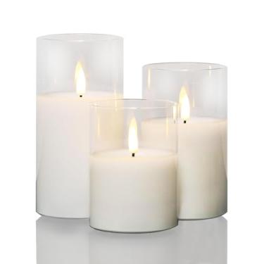 Imagem de CANDLE CHOICE Velas de pilar sem chamas de cera real operadas por bateria com temporizador, revestimento de vidro transparente, pavio preto realista, luzes de LED elétricas, cintilantes, festas de
