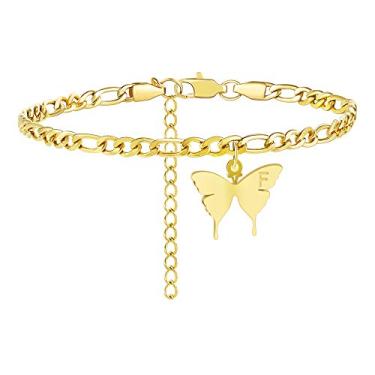 Imagem de Bracelete de tornozelo com inicial de borboleta TONY & SANDY Banhado a ouro 18 quilates pingente de tornozeleira com letra de alfabeto gravado em aço inoxidável corrente de elos de fígaro personalizado ajustável joia para mulheres adolescentes menina