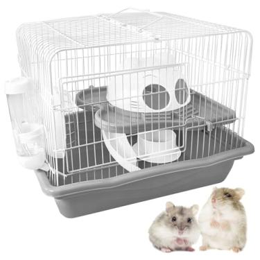 Imagem de PINVNBY Gaiola de hamster para anões, gaiolas de animais pequenos, gaiola portátil de 2 camadas para mouse para viagem com rodas de exercícios de corrida em casa do castelo, garrafa de água e prato de