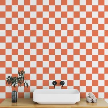 Imagem de CAX Papel de parede quadriculado para descascar e colar papel de parede laranja 43 cm x 300 cm papel de parede autoadesivo mosaico de contato impermeável quadriculado geométrico removível para