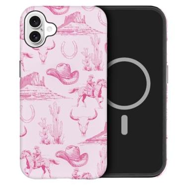 Imagem de DAIZAG Capa compatível com iPhone 16, [compatível com MagSafe], capa protetora à prova de choque para meninas e mulheres - chapéu de cowboy rosa vintage cavalos cactos
