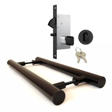 Imagem de Kit Porta Correr Puxador Redondo Preto Fosco Robusto 80cm Duplo + Fechadura Stam Bico de Papagaio Roseta Redonda Inox