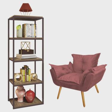 Imagem de Kit Poltrona Fatte com Estante Livreiro Ferro Marrom mdf Caramelo Suede Rose Gold - Ahazzo Móveis