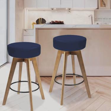 Imagem de Kit 02 Banqueta Alta Redonda Giratória Elsa Madeira Balcão Bistrô Cozinha Suede Azul Marinho - Ahazzo Móveis