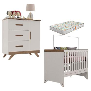 Imagem de Berço Americano e Cômoda Retro Maya Off White Carvalho com Colchão Gazin – Canaã