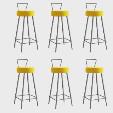 Imagem de Kit 06 Banqueta Alta Com Encosto Tais Eiffel Cozinha Bar Bistrô Ferro Cinza Corino Amarelo - Ahz Móveis