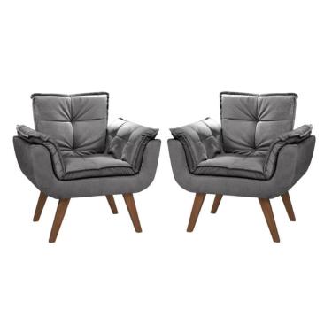 Imagem de Kit 2 Poltronas Cinza Suede Opala Decorativa com Pés de Madeira
