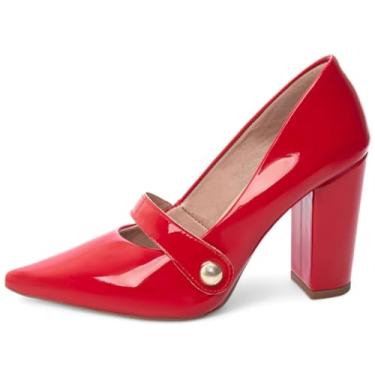 Imagem de EMILY ONLINE, Sapato Scarpin Salto Alto Grosso Bico Fino Tira Feminino 9cm (Vermelho, BR, Adulto, Numérico, 38)
