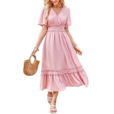 Imagem de Vestido Maxi Feminino De Renda Com Decote Em V Com Babado Manga Curta 