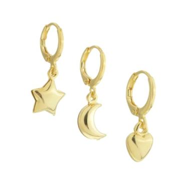 Imagem de Argolas Femininas Douradas Semijoias Kit com 3 Modelos com Pingente