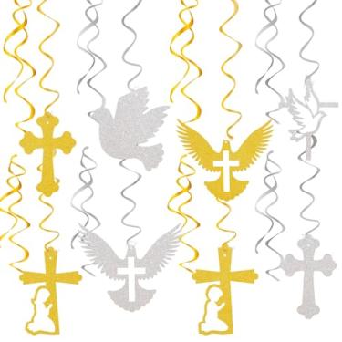 Imagem de 16 peças de redemoinhos suspensos de primeira comunhão, decorações de batismo de Deus abençoe, decoração de primeira comunhão, decoração de festa de chá de casamento de primavera, casamento, chá de