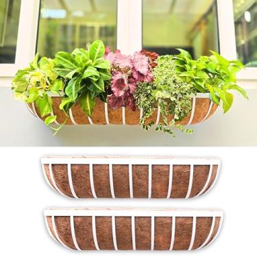 Imagem de LaLaGreen – Caixas para plantação externa (pacote com 2, 76 cm), grades de metal branco, caixa de flores com forro de coco, vasos retangulares pendurados para janela, planta, cavalo, calha, cerca,