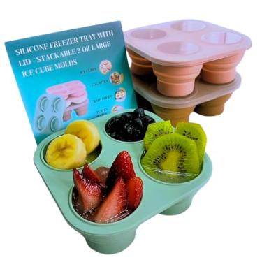 Imagem de UR Happy Place Bandeja de silicone para freezer com tampa – Formas empilháveis de cubos de gelo grandes de 59 g para purês caseiros, mordidas de ovos, caldo de alimentos – Pode ser lavado na