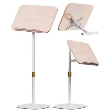 Imagem de Suporte 2 em 1 para livros de chão e mesa de uso duplo, altura ajustável de 84 a 160 cm, suporte ajustável para livros com clipes de página elásticos para partituras de música, receita, tablet, laptop