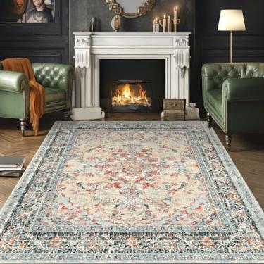 Imagem de Season wind Boho Vintage 8 × 10 tapetes laváveis tradicional azul bege laranja grande tapete para sala de estar, quarto, sala de jantar, casa de fazenda, antiderrapante