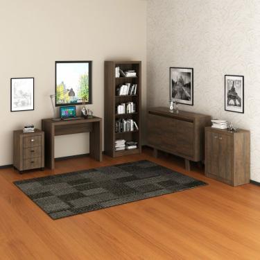 Imagem de Conjunto Home Office 5 Peças 1 Escrivaninha 2 Balcões 1 Estante 1 Gaveteiro Rústico Tecno Mobili Rústico