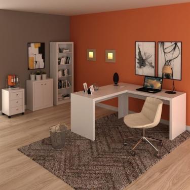 Imagem de Conjunto Home Office 4 Peças Com 1 Mesa Em L 1 Balcão 1 Gaveteiro 1 Estante Espresso Móveis Branco