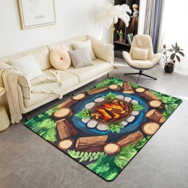 Imagem de Erosebridal Tapete de área de fogueira 1,80 m x 1,28 m Happy Camping Tapete de sala de estar verde toco de árvore antiderrapante tapete decorativo floresta folhas pedras desenho animado engraçado