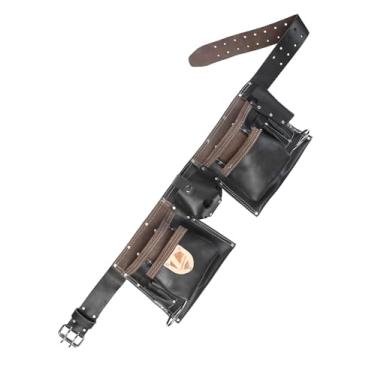 Imagem de Cinto de ferramentas de couro de flor integral resistente para eletricistas – Equipamento de construção com várias bolsas com clipe para chave, cinto utilitário de carpinteiro durável para homens