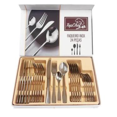 Imagem de Conjunto de Talheres em Aço Inox, 24 Peças, Faqueiro com Facas 23 cm, Garfos 20,3 cm, Colheres de Mesa e Sobremesa