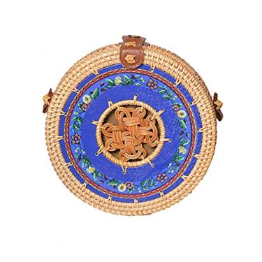 Imagem de SHAREYOIU Bolsas de ombro redondas de vime estampadas à mão estilo praia tropical natural chique com alça de couro, nº 2 azul, Big，7.87x 3.2 inch