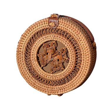 Imagem de SHAREYOIU Bolsas de ombro redondas de vime feitas à mão, estilo tropical de praia natural chique com alça de couro, Espiral, BIG ,7.87 x 3.2 inches