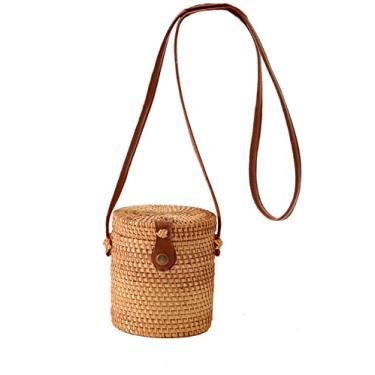 Imagem de SHAREYOIU Bolsa de vime redonda tecida à mão, ombro natural, chique, estilo praia tropical, tecida com alça de couro, Tambor 13 x 15 cm, 7 x 3.2 inches