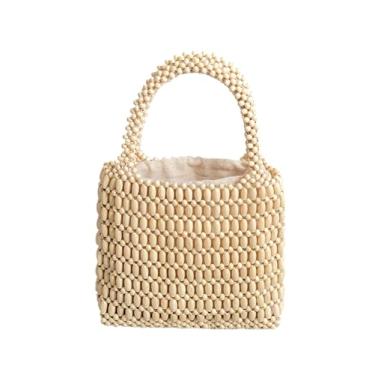 Imagem de SHAREYOIU Bolsa feminina feita à mão com contas de madeira pequena bolsa de tecido, Branco