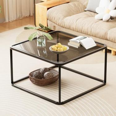 Imagem de Mesa de café, mesas quadradas minimalistas para sala de estar, mesa central moderna para escritório ou espaço pequeno, estrutura de metal resistente, montagem fácil, 67 x 67 x 40 cm, vidro preto e