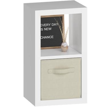 Imagem de Estante com caixa de armazenamento, organizador de armazenamento de 2 cubos, estante aberta de madeira moderna, prateleira multifuncional para sala de estar, quarto, escritório em casa, branca