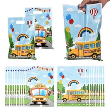 Imagem de 50 peças de sacolas de presente de plástico para lembrancinhas de festa de volta às aulas, sacolas coloridas para doces de boas-vindas às aulas com alça para o primeiro dia de escola, artigos de