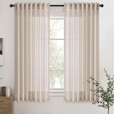 Imagem de Cortinas de linho com filtro de luz bege 137 cm de comprimento, conjunto de 2 painéis, bolso traseiro, semitransparentes, privacidade aprimorada, cortinas de janela curta para cozinha, café, fazenda