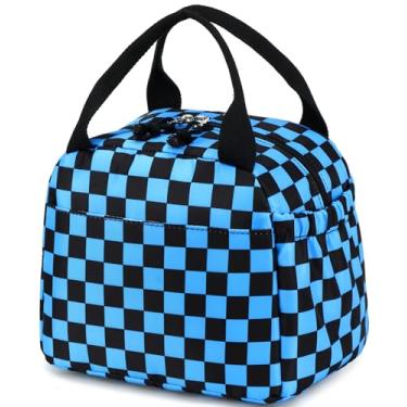 Imagem de Lancheira infantil com isolamento térmico, grande, reutilizável, à prova de vazamento, lancheira para meninos, meninas, escola, viagem, piquenique (xadrez azul)