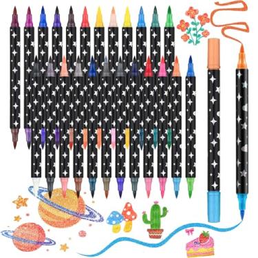 Imagem de HUJUGAKO Canetas marcadoras com glitter, 48 cores, pincel de ponta dupla, conjunto com 24 marcadores brilhantes para materiais de arte, álbuns, cartões, artesanato DIY, livros de colorir para adultos