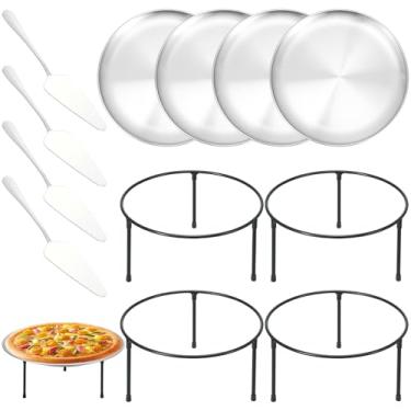 Imagem de Conjunto de 12 peças de suporte de bandeja de pizza inclui 4 bandejas redondas para pizza, 4 formas de pizza de 30 cm e 4 servidores de torta com cabo de madeira, suporte de pizza para casa e festa