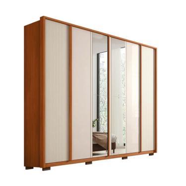 Imagem de Guarda-Roupa Casal com Espelho Cleo Ripado 6 Portas 4 Gavetas Freijó e Off White