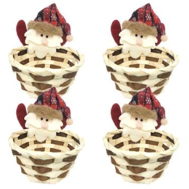 Imagem de Kit 4 Cestos Natalino Palha Decorado Papai Noel Pelúcia 15cm - Master 