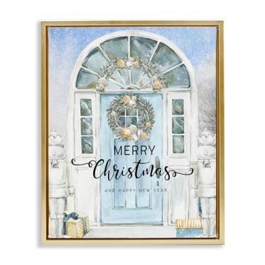 Imagem de Stupell Industries Merry Christmas Design de arte de parede em tela flutuante de ouro com porta azul por Jesse Keith, 53 x 43 cm