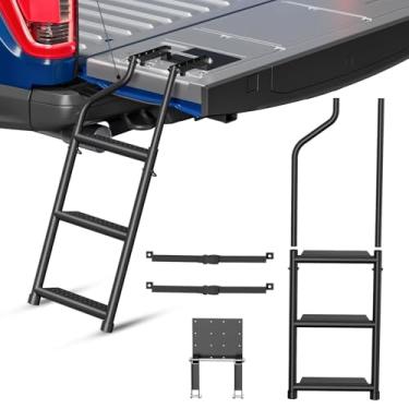 Imagem de CROSSHIP Escada dobrável para porta traseira de caminhonete - degrau de cama de caminhão para picape com pedal largo antiderrapante, parafusos autoperfurantes de aço inoxidável, pés de borracha