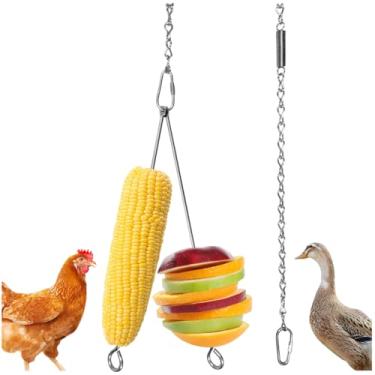 Imagem de EHERDM Corrente de alimentador de galinha pendurada com 2 espetos de vegetais de aço inoxidável, alimentadores de frutas para galinhas, patos, ganso e pássaros grandes, acessórios de brinquedo