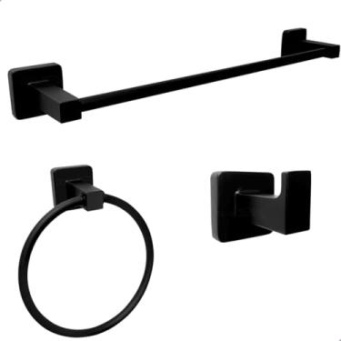 Imagem de Dona D Cor, Kit Acessórios Banheiro Preto Fosco Inox Toalheiro 40cm Cabide Gancho Porta Toalha Argola Metal