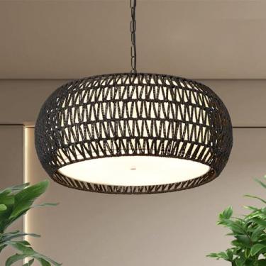 Imagem de ALAISLYC Lustres Boho de 48 cm para sala de jantar com 5 luzes pretas para casa de fazenda luminária pendente grande de mesa de jantar tecida à mão luminária de vime para ilha de cozinha