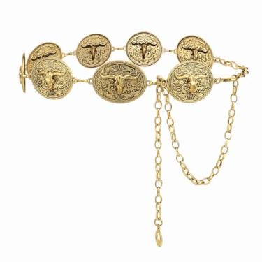 Imagem de YooAi Cinto feminino Western Metal Concho com corrente de vaqueira para vestidos, jeans, roupa de concerto country, Dourado, Fit waist up to 36"