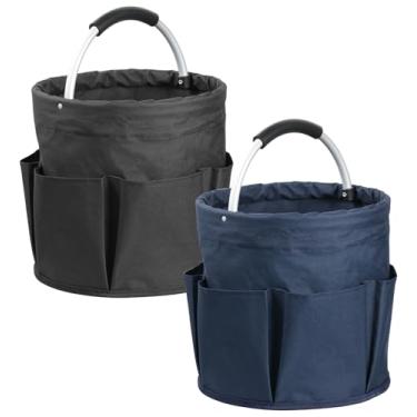 Imagem de IHOMAGIC Organizador de ferramentas balde de 17L com 6 bolsos laterais, 2 peças de organizador de limpeza dobrável com alça, bolsa de ferramentas de jardinagem dobrável, cesta de armazenamento