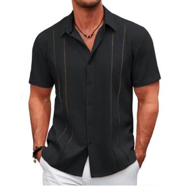 Imagem de Camisa masculina COOFANDY, cubana, manga curta, preta, linho, praia