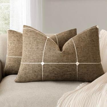 Imagem de Foindtower Pacote com 2 fronhas decorativas de linho falso jacquard xadrez capa de almofada lombar casa de fazenda com detalhes texturizados em grade fronha para sofá sala de estar, decoração de casa