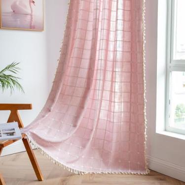 Imagem de Cortinas Boho de linho de algodão com 2 painéis de 203 cm de comprimento para sala de estar, quarto, cozinha, xadrez, bordado, semiblackout, boêmia para casa de fazenda, grades de tratamento de janela