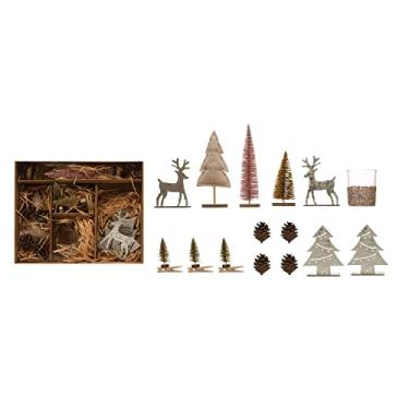 Imagem de Creative Co-Op Kit de jardim de velas com escova de garrafa, tealight, pinhas, árvore de tecido e figuras de madeira, conjunto de 15 castiçais diversos, 25,4 cm C x 22,8 cm L x 5 cm A, multi