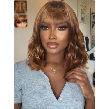 Imagem de KLAIYI Peruca marrom Bob cabelo humano com franja solto ondulado sem cola 4x2 HD fecho de renda transparente castanho castanho castanho com destaque loiro pronto para usar e ir perucas para iniciantes